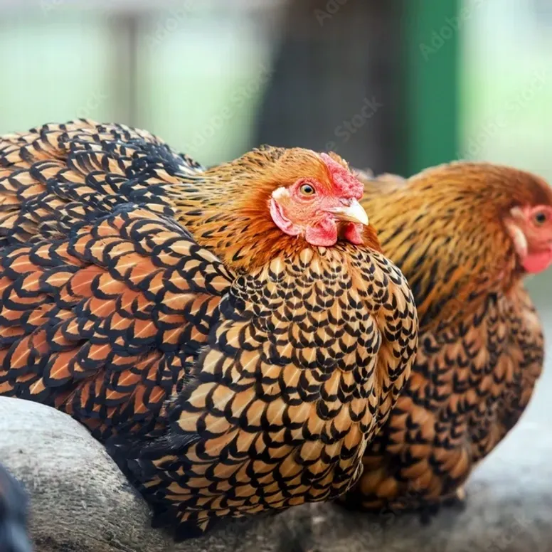 Speckled hens perched on a log