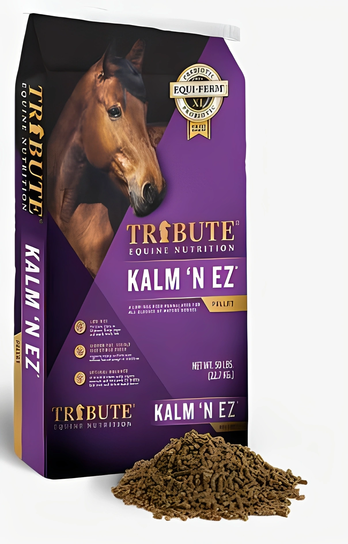 Horse feed bag with brown pellets