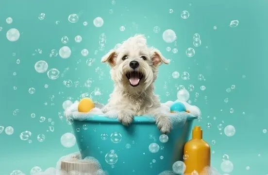 Happy dog in a bubbly bath