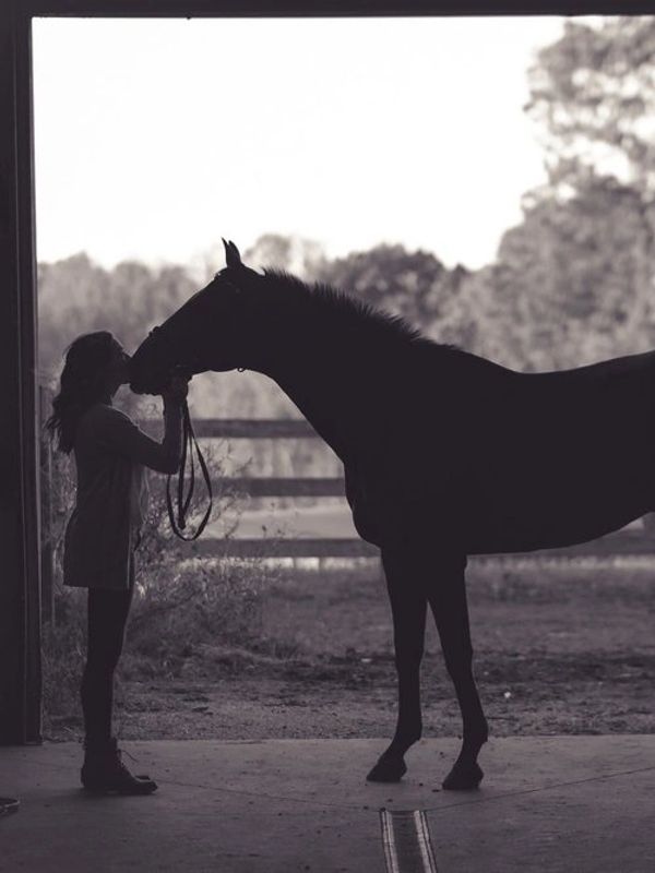 Woman and horse in dimly lit stable