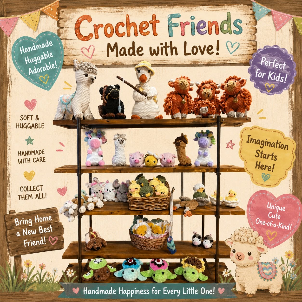 Handmade crochet stuffed animals on display