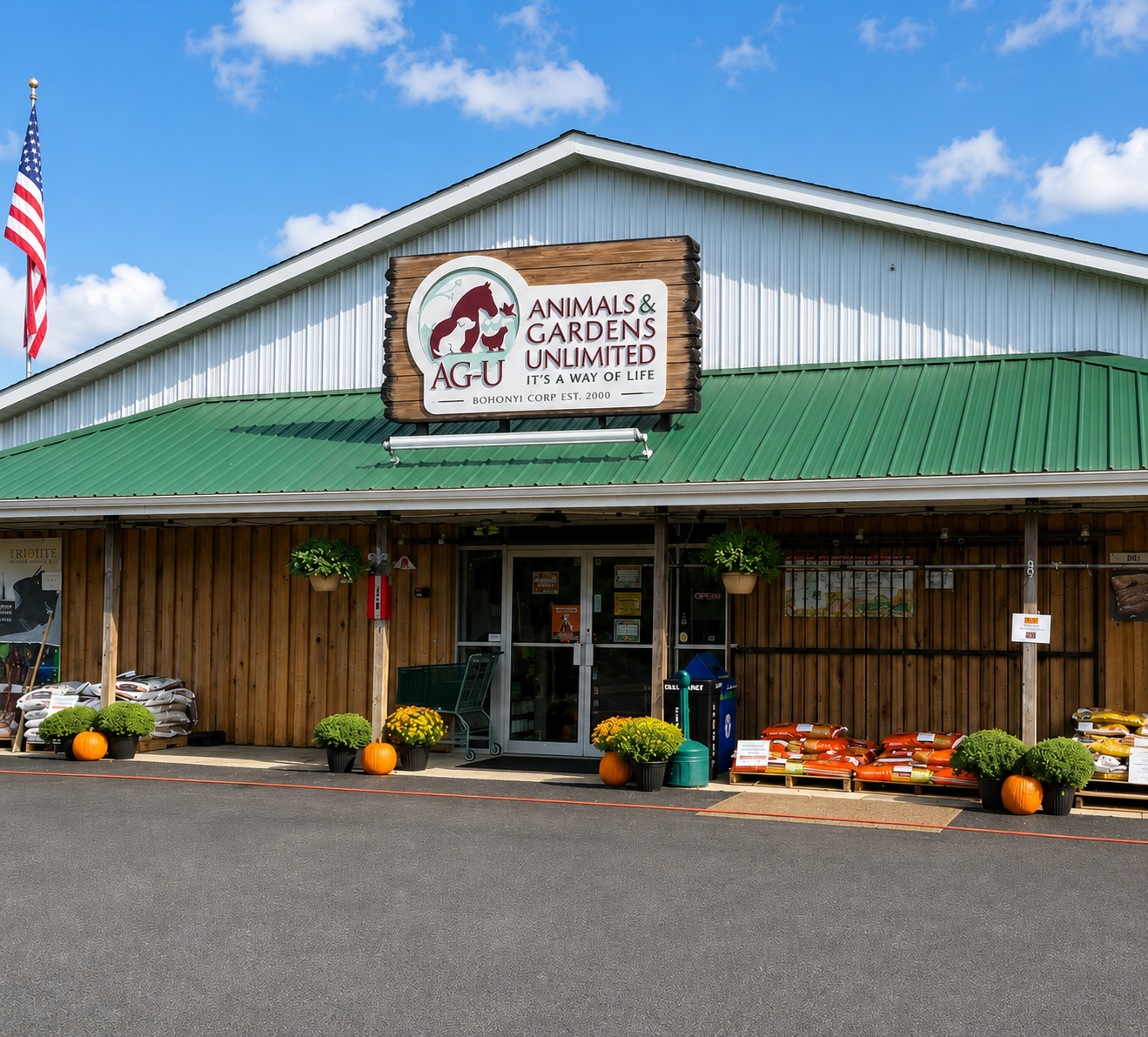 Animals and Gardens Unlimited storefront with pumpkins